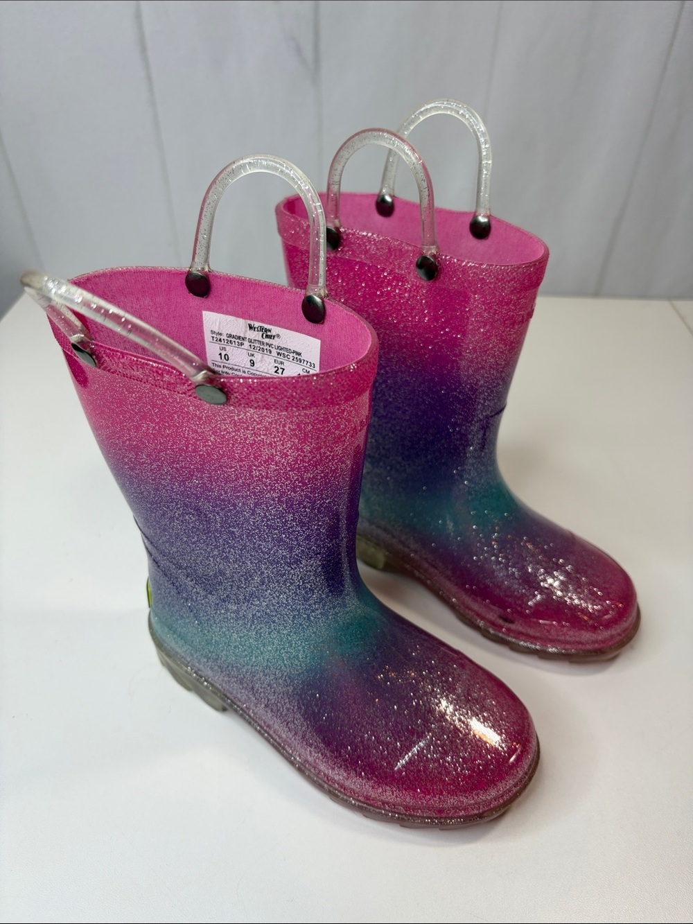 Western Chief Glitter Ombre Kids Rain Boots - Pink Purple Teal girls 10 Like New